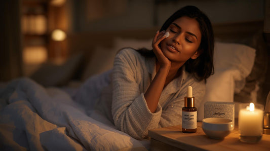 A woman in soft loungewear gently applies a night cream in warm evening light, surrounded by calming objects like a candle, herbal tea, and minimalist skincare items — evoking a peaceful nighttime skincare ritual.