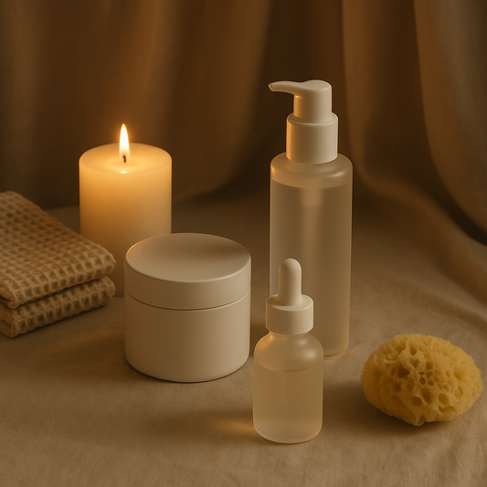 A serene evening self-care setup with skincare products, a lit candle, and soft fabrics, creating a calming and luxurious atmosphere for an anti-aging ritual.