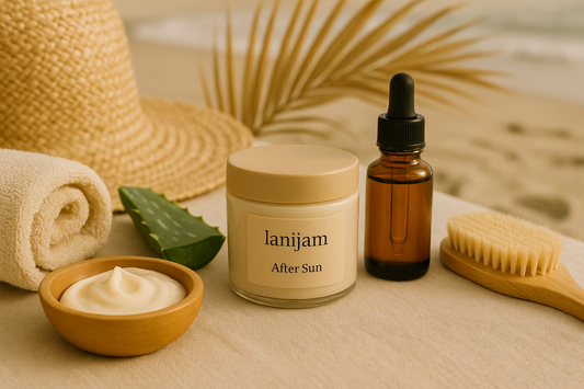 Lanijam After Sun cream with dropper, aloe, and spa tools on a beachside table.