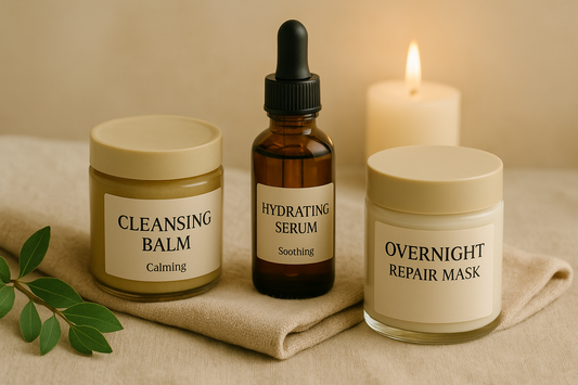Three Lanijam skincare products — cleansing balm, hydrating serum, and overnight repair mask — displayed on soft beige fabric with a candle and greenery in the background.
