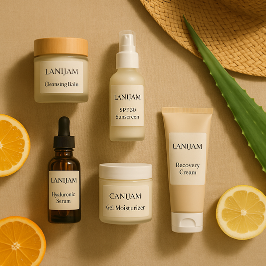 Lanijam summer skincare products including cleanser, serum, sunscreen, gel moisturizer, and recovery cream, arranged with citrus and aloe on beige fabric.
