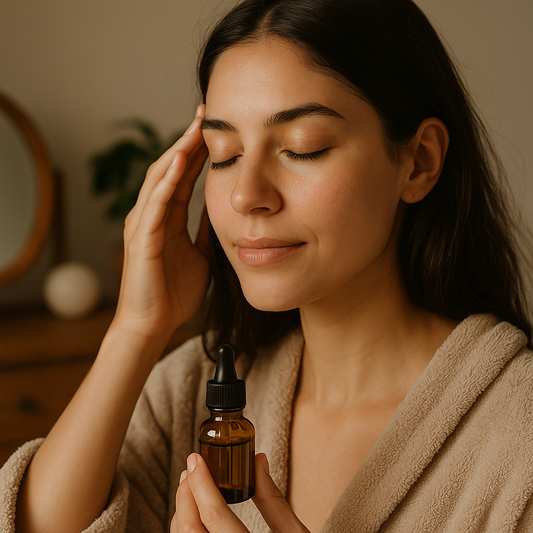 A calm-looking young woman with light-toned skin gently touching her face in natural daylight, expressing emotional relief and skincare focus, representing the connection between skin and stress.