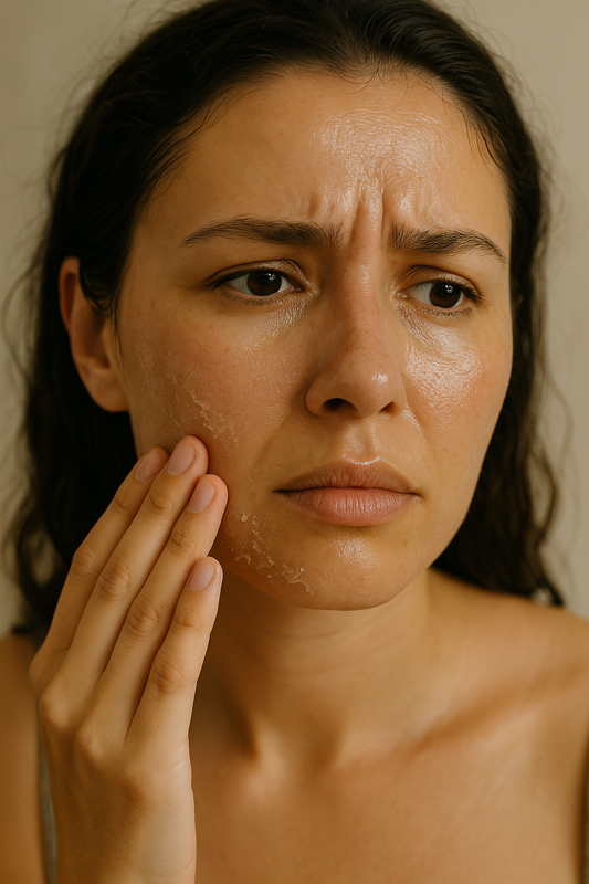 A woman gently touching her face in front of a mirror, showing both shine and dryness on her skin, in a soft-lit bathroom with a calm, relatable self-care mood.