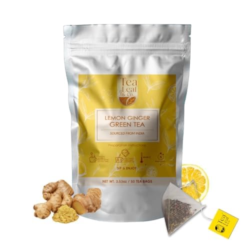 Tealeaf & Co. Lemon Ginger Green Tea with Ginger, Lemon Flavor, Orange Peel, Mint & Black Pepper - Organic Green Tea Bags with Fresh Herbs and Spices - Vegan - 100 Teabags (7.055oz/200gm)