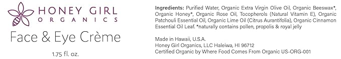 Honey Girl Organics Face & Eye Crème, USDA Certified Organic Facial Moisturizer & Under Eye Cream for Wrinkles, Dark Circles and Puffiness w/Hydrating Honey, Beeswax, Essential Oils & EVOO. 1.75oz