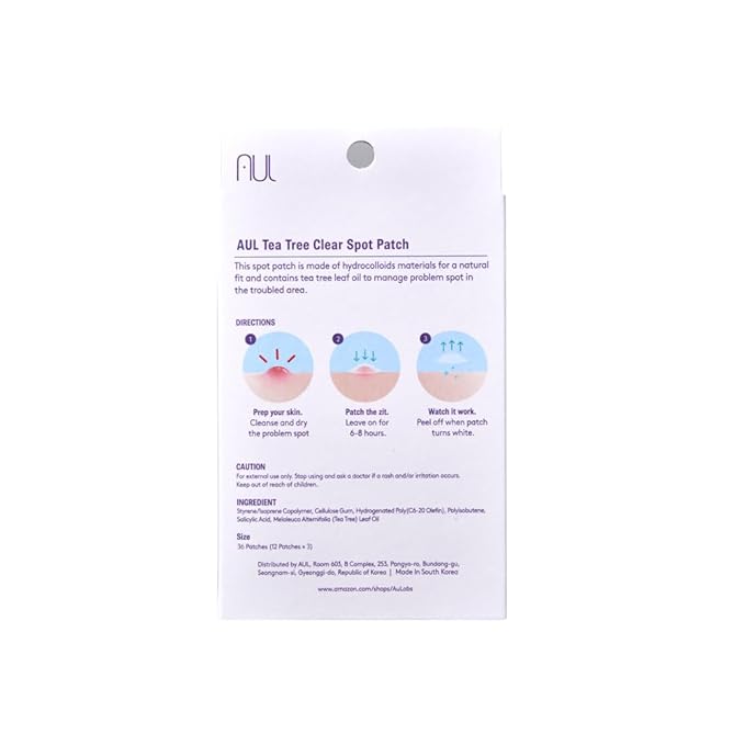 AUL Spot Patch Tea tree clear – Hydrocolloid Acne Pimple Patch for Fast Healing, Gentle on Skin, Invisible Wear, Dermatologist-Approved, Vegan-Friendly, 36 Count
