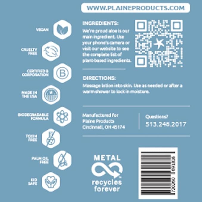 Plaine Products Eco-Friendly Body Lotion - Rosemary, Mint, Vanilla - Sensitive Skin, 16 oz (Refillable Bottle with Pump)