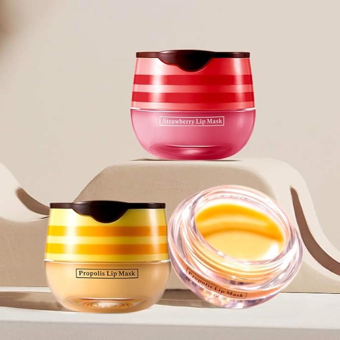 4 Pcs Bee Balm Lip Balm Honey Pot, Honey & Strawberry Lip Mask Propolis Moisturizing Hydrating Prevention Dry and Cracked Lip Scrubs Exfoliator.