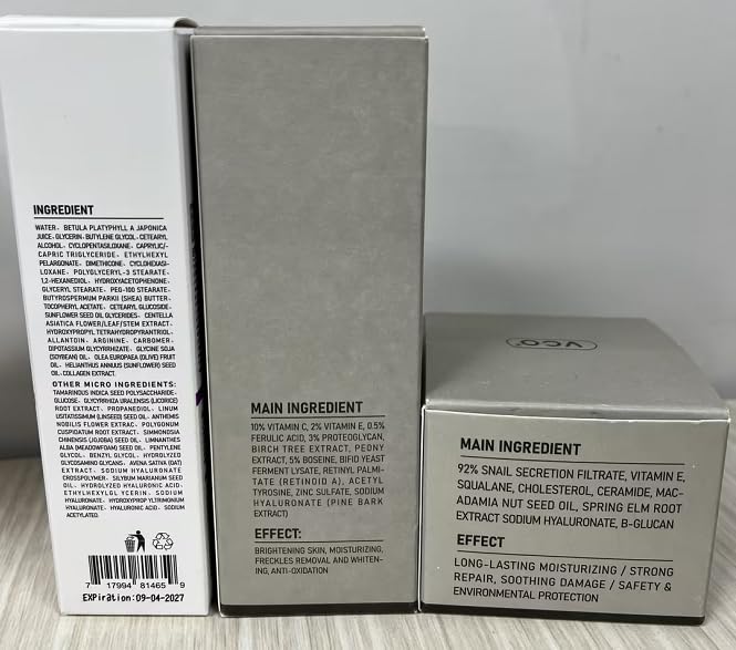 VGO Skin Care Set, with Snail Mucin 92% Moisturizer, Vitamin C Serum & Pro-Xylane Active Eye Cream, 3-Step Skin Care Kit, Day & Night Skincare Routine