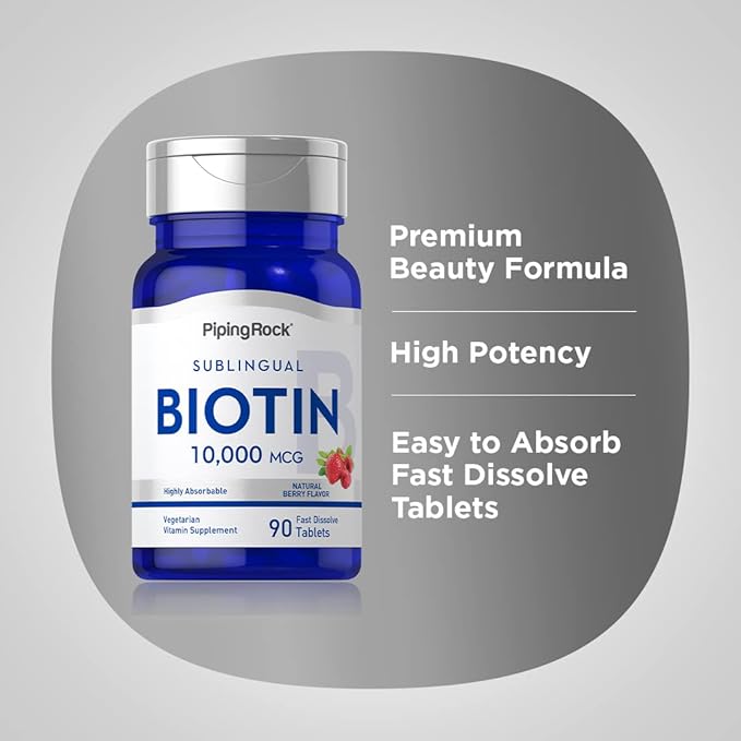 Piping Rock Biotin 10000mcg | 90 Berry Flavor Tablets | Max Strength and Highly Absorbable | Fast Dissolve | Sublingual, Vegetarian, Non-GMO, Gluten Free Supplement