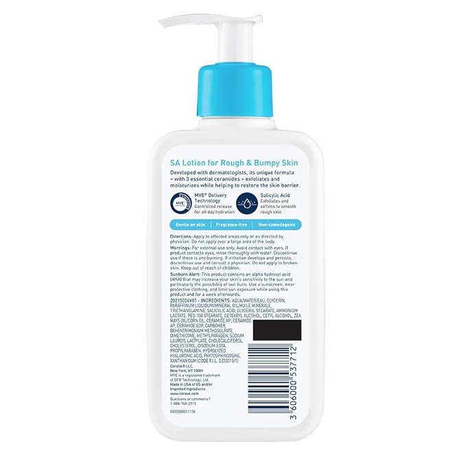 CeraVe SA Lotion for Rough & Bumpy Skin, Vitamin D, Hyaluronic Acid, Lactic Acid & Salicylic Acid Lotion, Fragrance Free & Allergy Tested, 8 Ounce