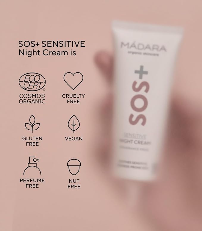 MÁDARA Organic Skincare | SOS+ SENSITIVE Night Cream, – Calming moisture for sensitive, reactive and redness-prone complexions, Dermatologically proven to soothe redness, Fragrance and colourant-free