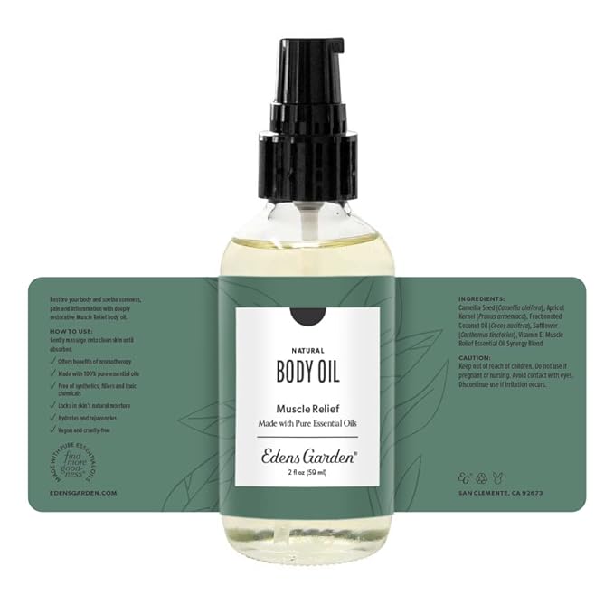 Edens Garden Muscle Relief Bath & Body Oil – Pure Essential Oils & Vitamin E for Massage, Moisturizing, Sore Muscles & Joints – Soothing & Scented with Peppermint & Wintergreen Oils, 2 fl oz (59 ml)