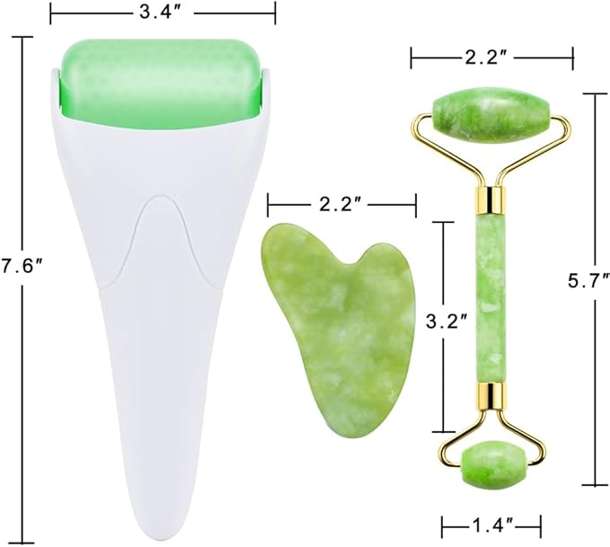 3-in-1 Natural Jade Roller and Gua Sha Set for Face and Eye Ice Roller Facial Cooling Massage Roller (White Ice Roller + Jade Roller + Gua Sha)