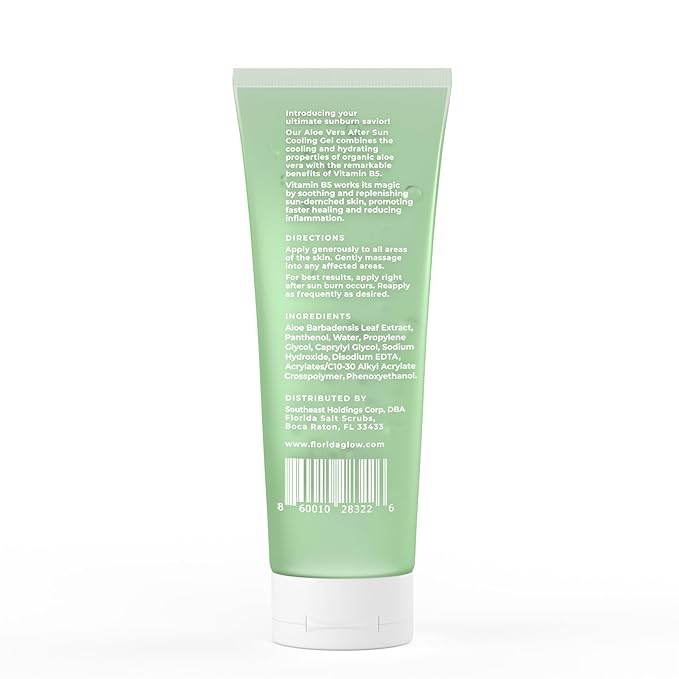 Aloe Vera After Sun Gel by Florida Glow - Organic Aloe Vera Gel for Sunburn Relief - 98% Pure Aloe Vera Moisturizer for Face, Skin - Enriched with Vitamin B5, Non-Sticky, Xanthan Free, Clear Gel