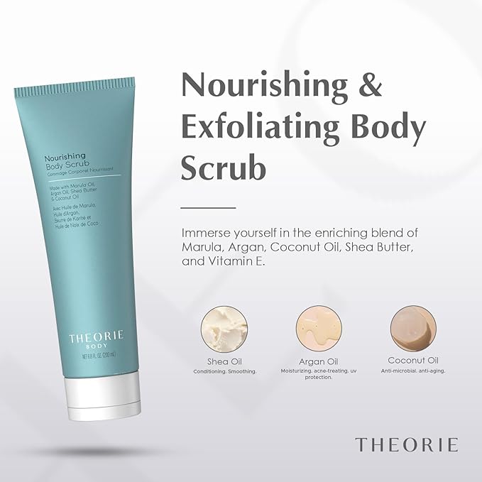 Theorie Nourishing and Exfoliating Body Scrub - Made with Marula, Argan, Coconut Oil, Shea Butter & Vitamin E, Amber Rose Fragrance. Eco-Friendly Pumice, Vegan, Gluten Free, Cruelty Free 200mL Tube
