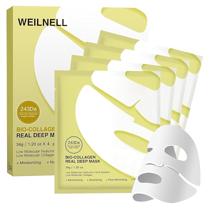 Bio-Collagen Overnight Collagen Face Mask, Deep Collagen Anti-Wrinkle Lifting Glass Glow Face Mask for Moisturizing, Firming, Glowing Skin Care, Bio Collagen Sheet Mask for All Skin Types, 4 Packs