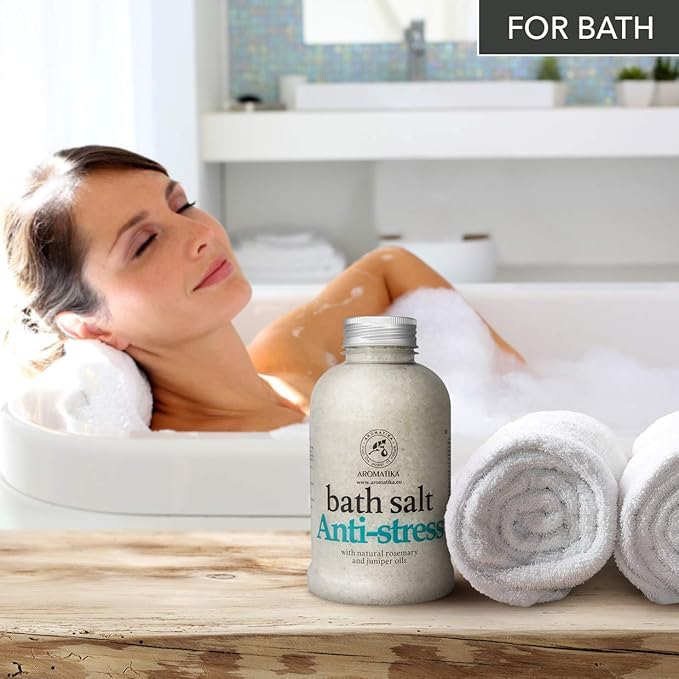 De-Stress Bath Salt 21.16 Oz w/Natural Rosemary & Juniper Oils - Natural Bath Sea Salts 600g - Best for Good Sleep - Relaxing - Calming - Body Care - Beauty - Aromatherapy
