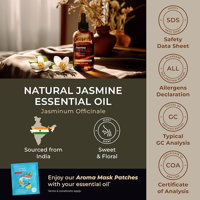 Gya Labs Jasmine Essential Oil for Diffuser - Huge 4 Fl Oz - 100% Pure Natural Jasmine Oil for Diffuser, Skin, Hair, Massages, Floral & Alluring Scent for Aromatherapy & Candle Making