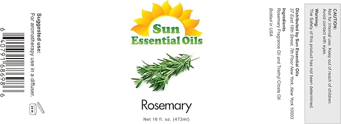Sun Essential Oils - 16 oz Rosemary Essential Oil for Hair Growth, Skin, Scalp - Drops for Diffuser, Humidifier & Aromatherapy Massage - DIY Candle, Lotion & Shampoo Making - Help Sleep