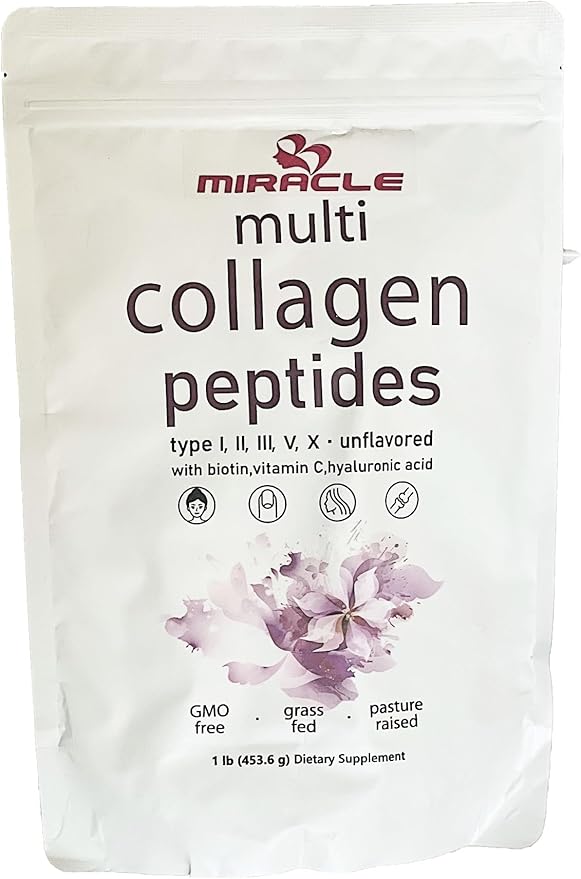 Miracle Multi Collagen Protein Powder, 1 Pound β Types I, II, III, V, X with Biotin, Hyaluronic Acid, Vitamin C β Unflavored Collagen Peptides β Keto & Paleo