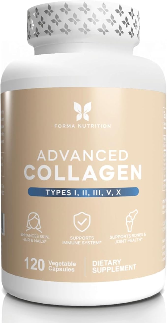 Multi-Collagen Peptides + Hyaluronic Acid β Type I II III V X β Skin, Hair & Joint Support β 120 Capsules.