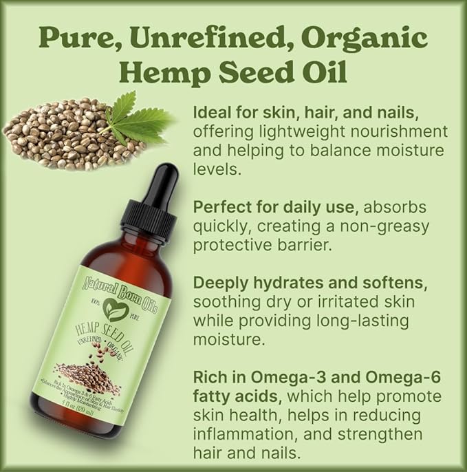 Natural Born Oils Hemp Seed Oil, 16oz, Organic, Cold-Pressed, Nutrient-Rich, Deep Skin Moisturizer, Hair Health Booster