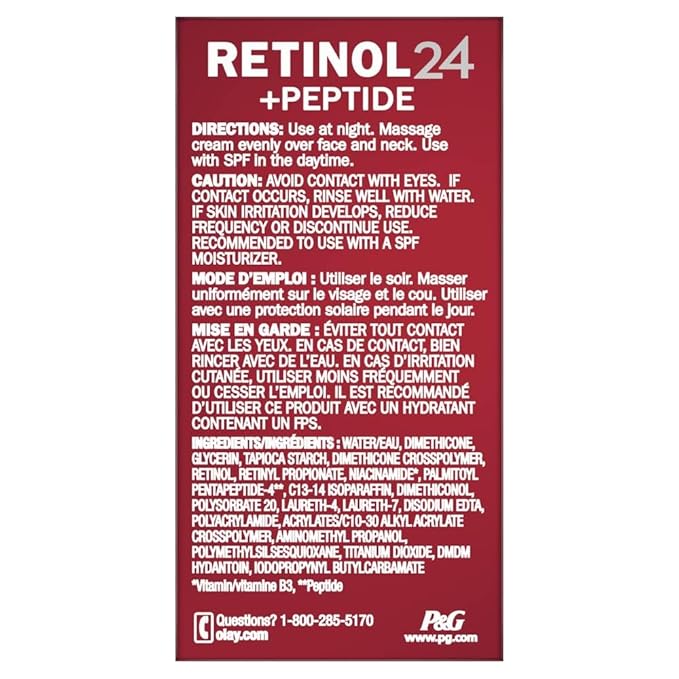 Olay Retinol 24 Face Moisturizer, Anti-Aging Night Cream for Women, Trial Size, Fragrance-Free, Non Greasy - Anti-Wrinkle, Smooth Fine Lines, Tightening Skin Care - Peptides, Glycerin, 0.5 Oz
