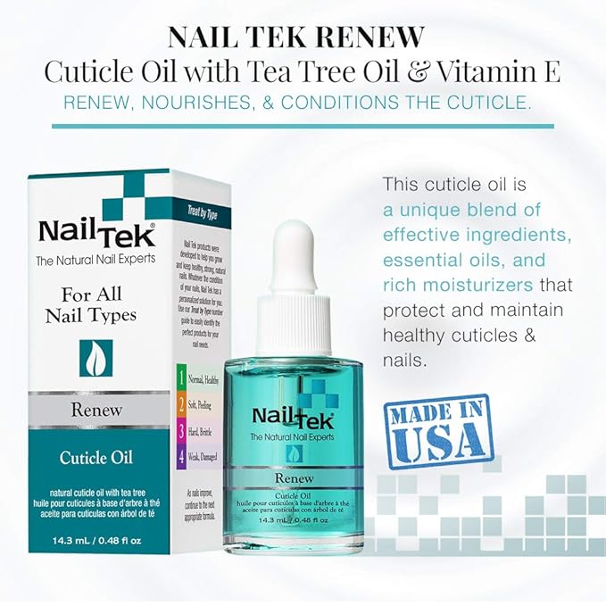 Nail Tek Renew Cuticle Oil for Nails – Natural Cuticle Oil with Tea Tree Oil, Nourishes & Moisturizes Dry Cuticles, 0.48 oz, 2-Pack