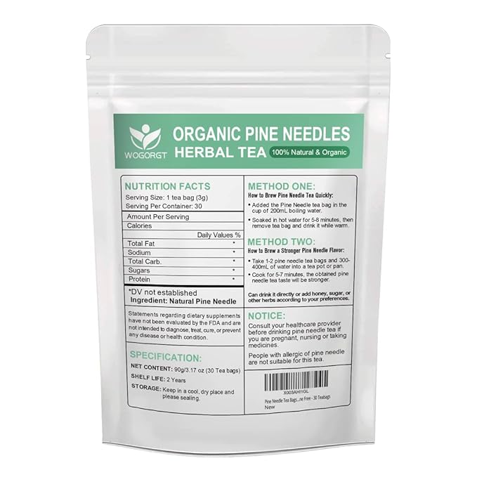 Organic Dried Pine Needle Tea Bags - Pine Needle Herbal Tea for Immune Support & Antioxidant, Caffeine Free, Natural Suramin, 30 Tea bags