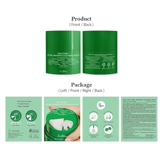 Dr.Althea Pure Grinding Cleansing Balm | Hygenic One-Step Makeup Cleansing Oil with Madecassoside | Non-Greasy Sorbet Texture | Soothing for All Skin Types | Korean Vegan Skin Care | 1.69 Fl Oz