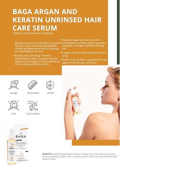 BAGA Argan and Keratin Leave-In Hair Care Serum – Nourishes, Strengthens, Softens, Adds Shine, and Provides UV Protection