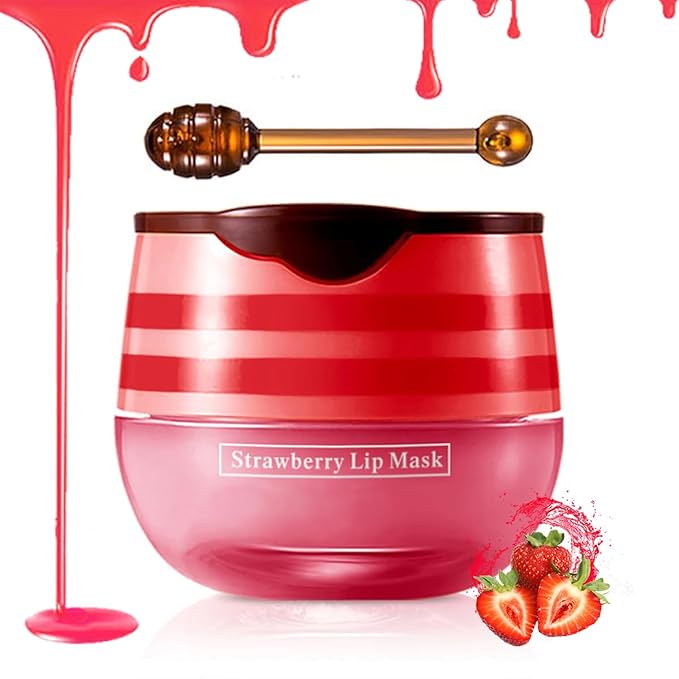 Strawberry Sleeping Lip Mask, Exfoliating Honey Balm, Hydrating & Prevention Dry and Cracked Scrubs Exfoliator, Repair Nourishes the Skin