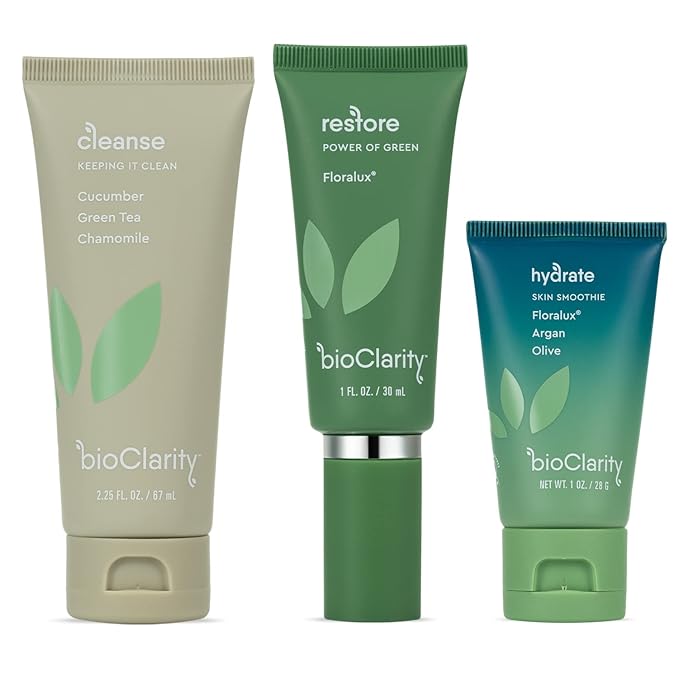 BioClarity 3-Step Essentials Skin Routine, for Normal & Oily Skin Types, Cleanse Restore Hydrate, Gentle Clean Face Care, 100% Clean Vegan Ingredients, Mini Size