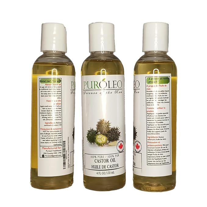 PURÓLEO 100% Natural and Pure Castor Oil 4 Fl Oz / 120 ML (MADE IN CANADA) | Moisturizer & Carrier Oil | Hair Skin Body, Aromatherapy, Massage, Makeup Remover