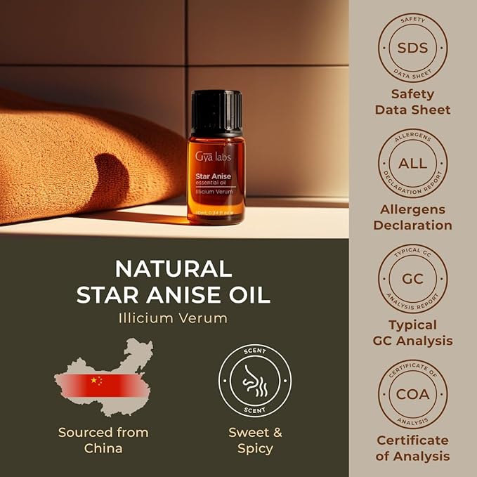 Gya Labs Star Anise Essential Oil for Skin - 0.34 Fl Oz - 100% Pure Natural Star Anise Oil for Diffuser, Hair, Candle Making DIY & Aromatherapy - Sweet Spicy Scent