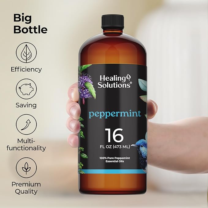 Healing Solutions Pure Peppermint Essential Oil - 16oz Bulk - 100% Pure Mint Oil for Hair, Spray, House Cleaning & Diffuser