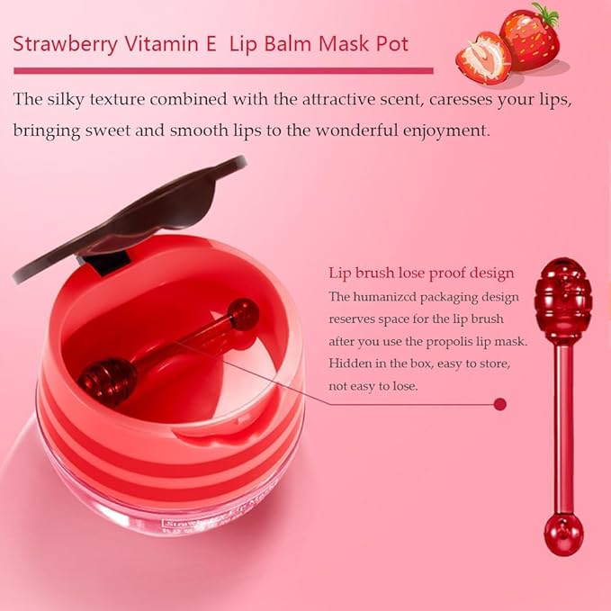 5PCS Bee Lip Balm Honey Pot,Honey&Strawberry&Watermelon&Cherry&Apple Lip Mask Overnight Propolis Moisturizing Lip Balm Hydrating Prevention Dry and Crack Lip Scrubs Exfoliator Lip Wrinkle Care