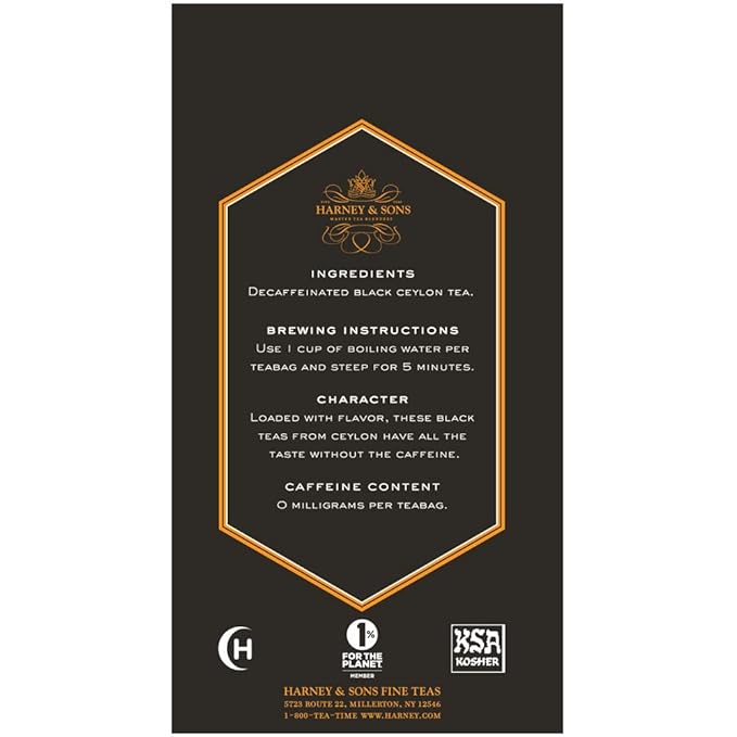 Harney & Sons Black Tea, Decaffeinated Ceylon, 20 Tea Bags, 1.26 oz./36 grams