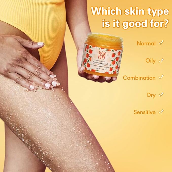 KAV Salt Body Scrub - Natural Exfoliating Salt Scrub for Body and Face, Helps with Moisturizing Skin, Dead Cell Removal, Rejuvenation and Relaxation, 4 Scents (Peach)