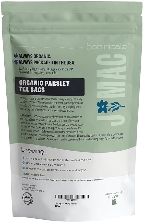 J Mac Botanicals, Organic Parsley Leaf (50 Count)- Certified by Organic Certifiers, Inc. - Quality Tea From Nile Valley, Egypt, Packaged in the USA
