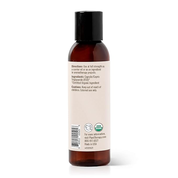 Plant Therapy Organic Fractionated Coconut Oil for Skin, Hair, Body 100% Pure, USDA Certified Organic, Natural Moisturizer, Massage & Aromatherapy Liquid Carrier Oil 4 oz