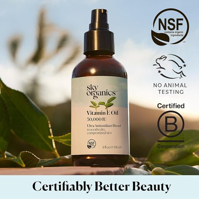 Sky Organics Vitamin E Oil Blend for Face, Organic Antioxidant Facial Oil, 30,000 IUs to Deliver Reparative Moisture and Soothe Dry, Damaged Skin, 100% Pure & Cold-Pressed, 3.97 fl oz, 117 ml