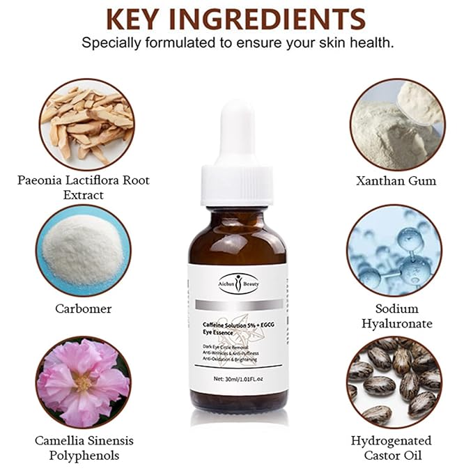 AICHUN BEAUTY Face Serum Eye Essence Anti-Wrinkles Anti-Acne Oil-Control Anti-Freckle Refreshing Moisturizing Purifying Shrink Pores 30ml 1.01FL.oz (Caffeine Solution 5% + EGCG Eye Essence)