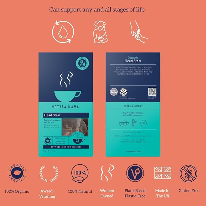 HOTTEA MAMA Head Start an Organic White Tea and Rose herbal blend | A Slow Release Caffeine Blend a l-theanine tea | Supporting Alertness & Brain fog | 14 Pyramid Sachets per box