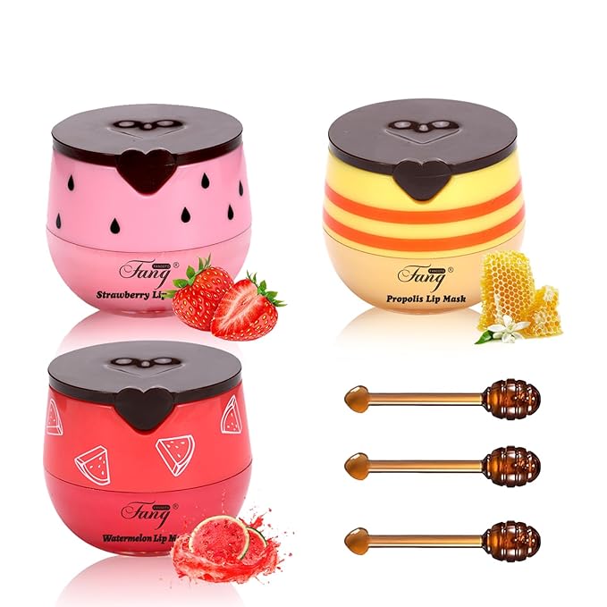 3 Pcs Honey Lip Balm, Bee Lip Balm Honey Pot,Moisturizing Lip Mask Overnight,Hydrate Repair Prevent Dry Cracked Lip Care (Honey+Strawberry+Watermelon)