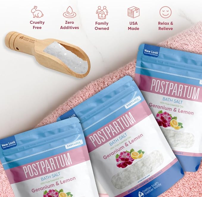 Postpartum Bath Salt (3 Pack with Scoop) Postpartum Bath Soaks USP Grade Epsom Salt with Pure Essential Oils in BPA Free Pouch with Press Lock Seal Made in USA Three 2 Lbs Pouches 6 Lbs Total