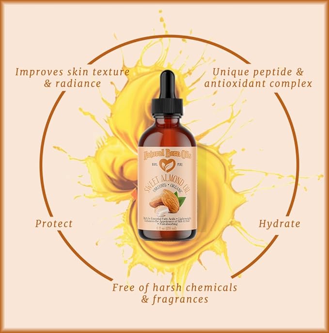 Natural Born Oils Sweet Almond Oil, 16oz, Organic, Cold-Pressed, Nutrient-Rich, Excellent for Soft Skin, Lustrous Hair