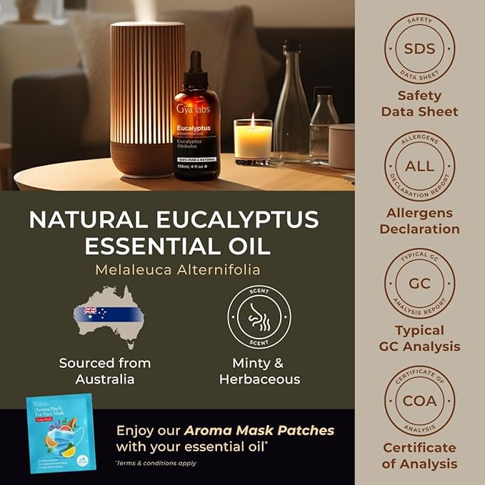 Gya Labs Eucalyptus Essential Oil for Diffuser - Huge 4 Fl Oz - 100% Pure Natural Eucalyptus Oil for Skin, Humidifier - Fresh, Cooling Scent for Aromatherapy & Candle Making