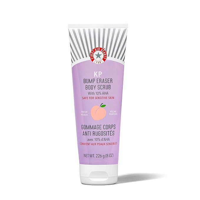 First Aid Beauty - KP Bump Eraser Body Scrub with 10% AHA, Keratosis Pilaris Exfoliator with Glycolic and Lactic acids, Helps Reduce Chicken Skin Bumps, Safe for Sensitive Skin, NEW Peach Scent (8 oz)